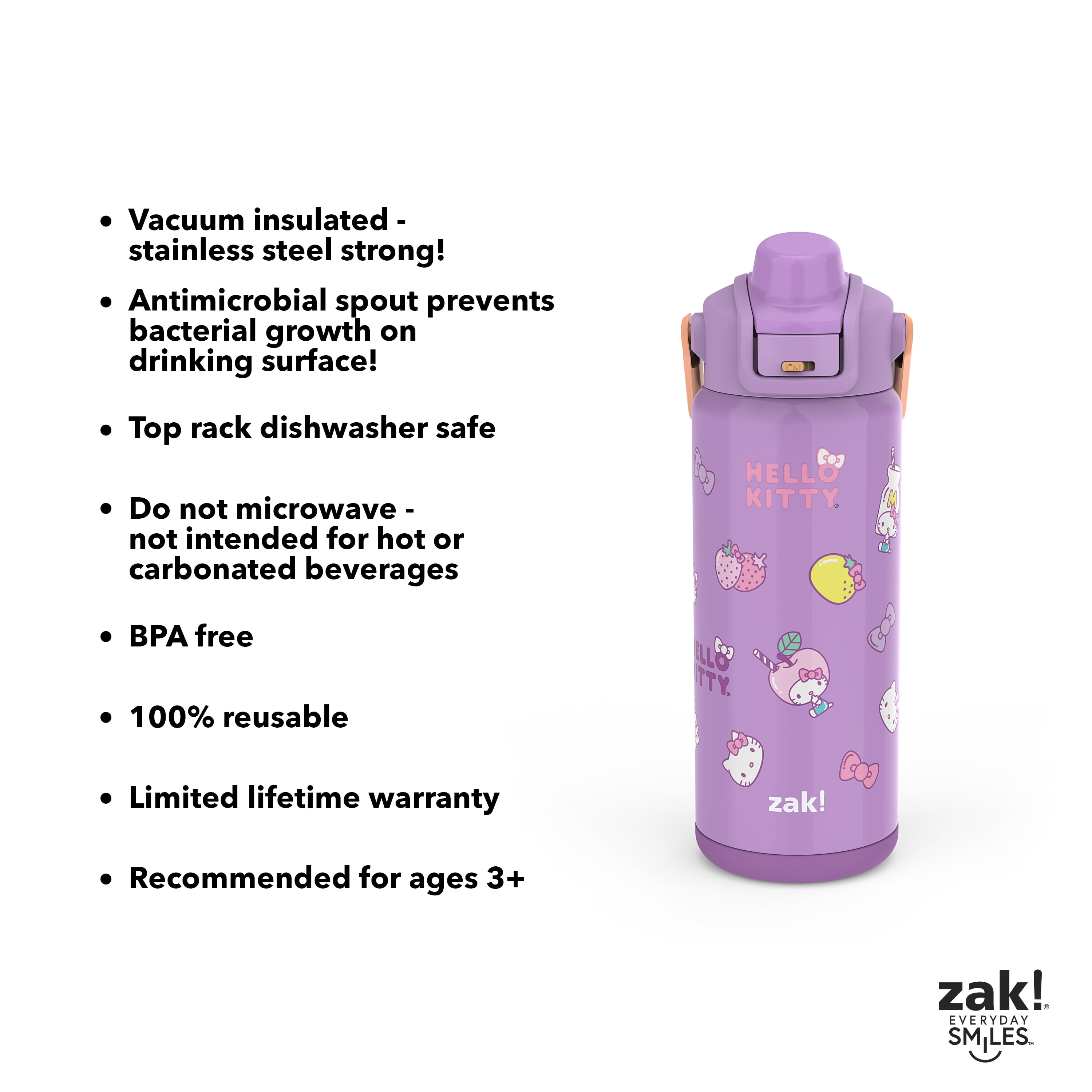 Zak Designs Liberty 20oz Stainless Steel Double Wall Insulated Water Bottle  with Leak-Proof Design, BPA Free Reusable , Convenient carry handle for  travel, Stitch 