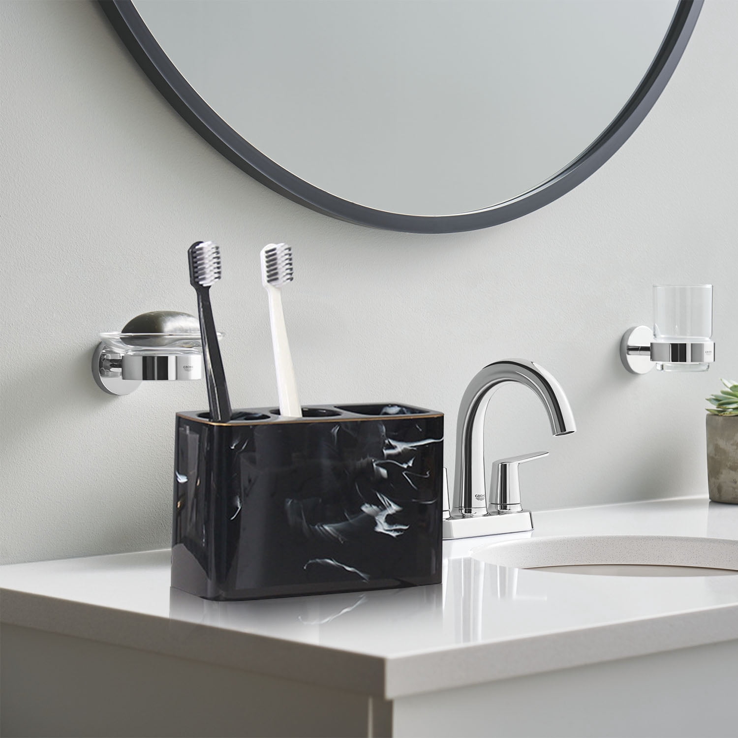 INCTUO Toothbrush Holder, 3 Slots Electric Toothbrush and Toothpaste Holder, Resin Bathroom Countertop Storage Bathroom Accessories Toothbrush Stand for Vanity Counter Organizer Caddy - Black