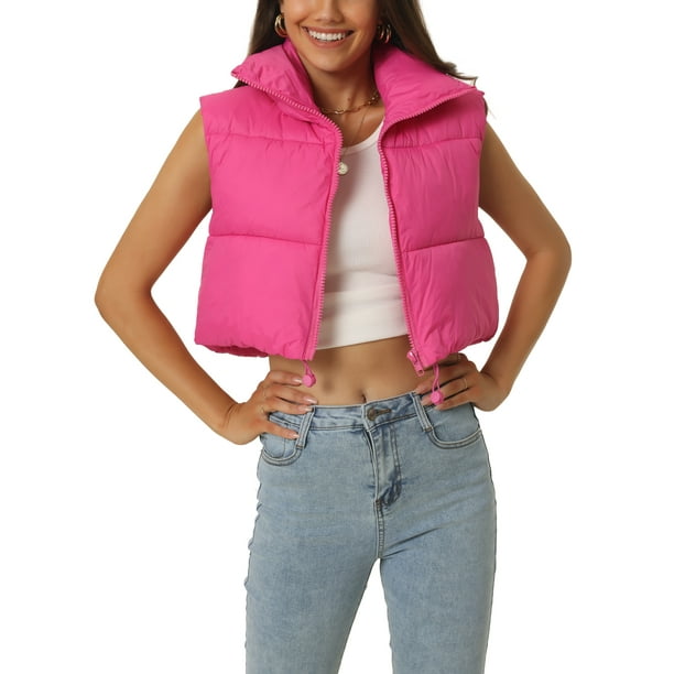 Chaleco acolchado ligero de mujer INSPIRE CHIC con cuello alto y cremallera, chaleco corto, color rosa intenso