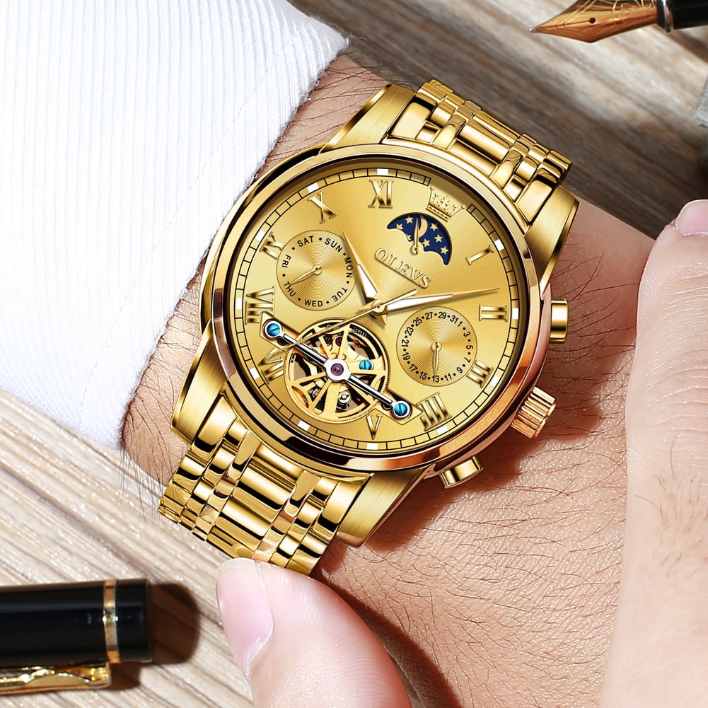 OLEVS Automatic Watches for Mens Skeleton Mechanical Self Winding Chronograph Calendar Classic Dress Moon Phase Multifunction Mens Wrist Watches Luminous Waterproof Stainless Steel Reloj Para Hombre