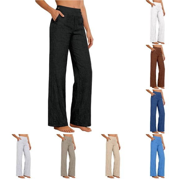 DHFJKG Linen Pants Women High Waisted Wide Leg Palazzo Breathable Summer Loose Fit Office Work Casual Wear Comfy Trousers