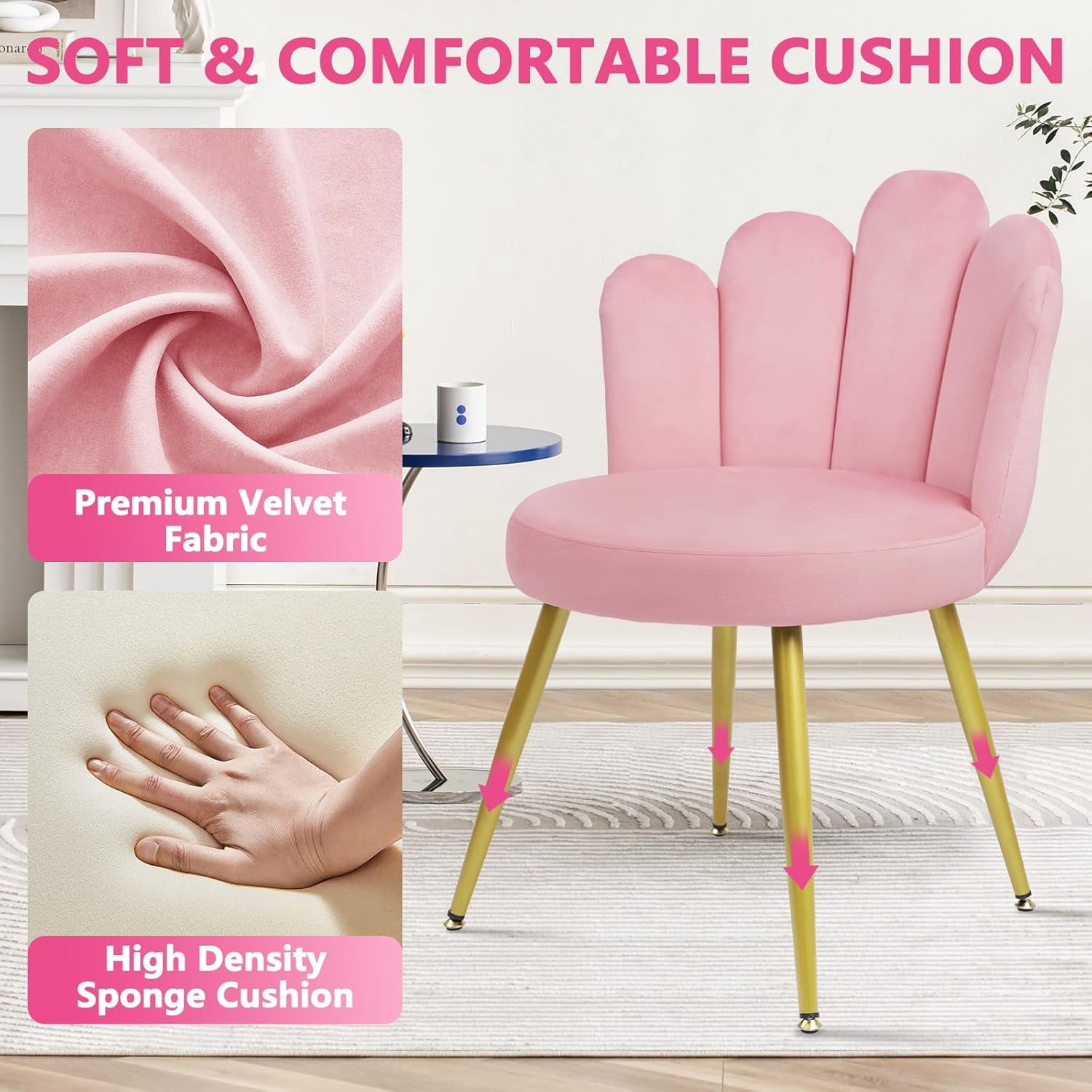 CLATINA Velvet Vanity Chair, Mid Century Modern Upholstered Chair with Back Support, Cute Living Room Chair with Gold Legs, Comfy Makeup Chairs for Bedroom Dressing Study No Wheels,Pink