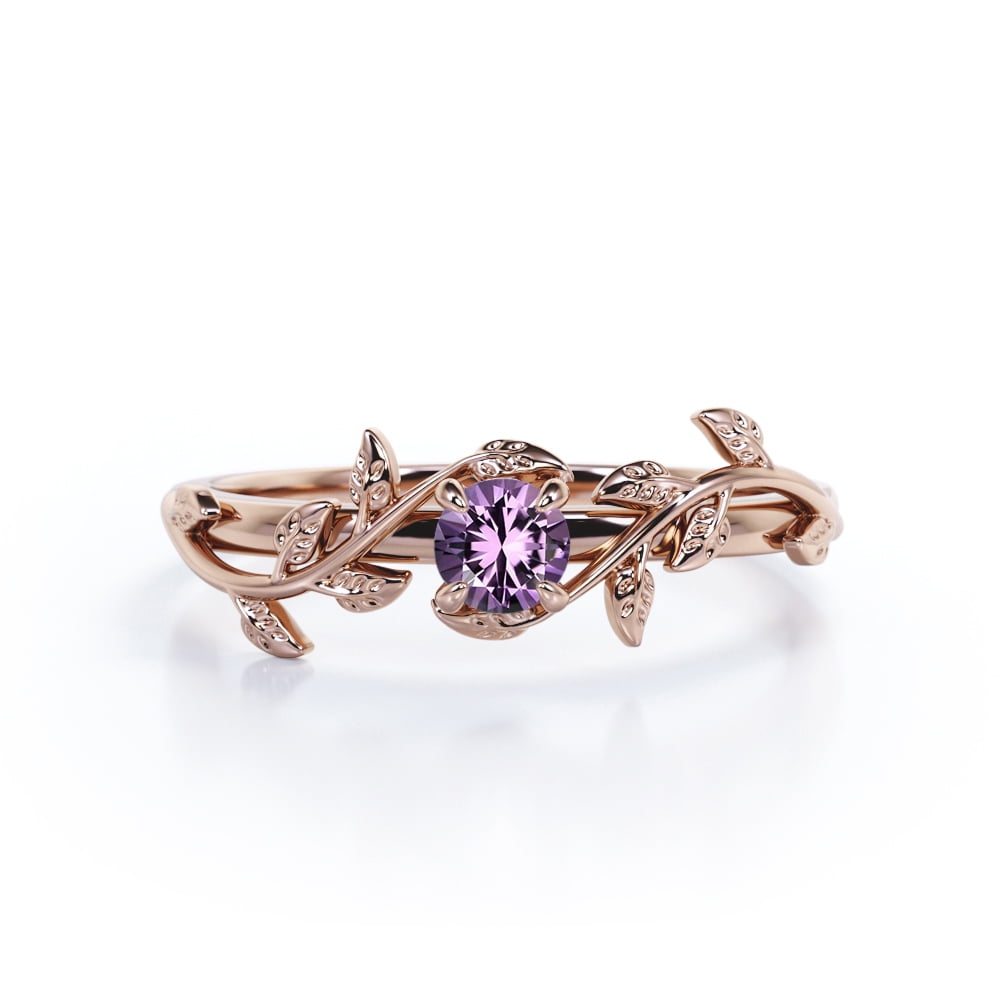 JeenMata Bohemian Design 0.50 Carat Round Cut Lab Created Purple Amethyst Solitaire Engagement Ring in 18K Rose Gold Plating over Silver