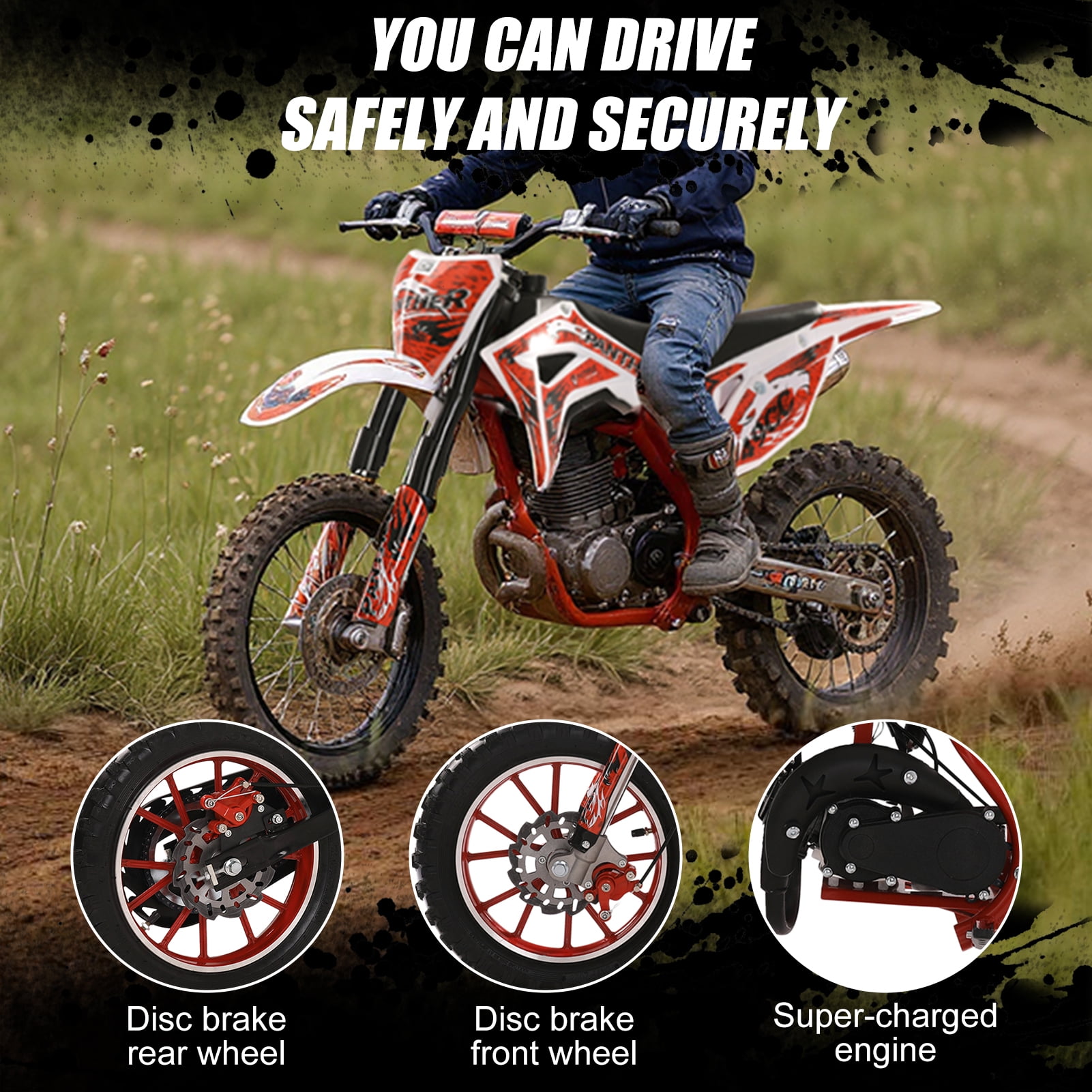 Cixusio 2-Stroke Kids Dirt Bike 49cc Gasoline Motocross Pocket Motorbike Off Road Mini Motorcycle with Front Rear Disc Brakes Racing Max Speed 40KM/H Red