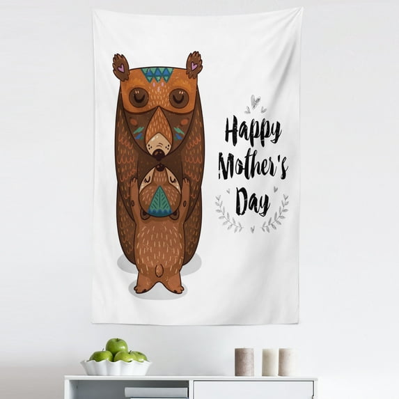 Saying Tapestry, Happy Mothers Day Greeting with Cartoon Style Mom and Bears Hugging, Fabric Wall Hanging Decor for Bedroom Living Room Dorm, 5 Sizes, Black Brown Teal, by Ambesonne