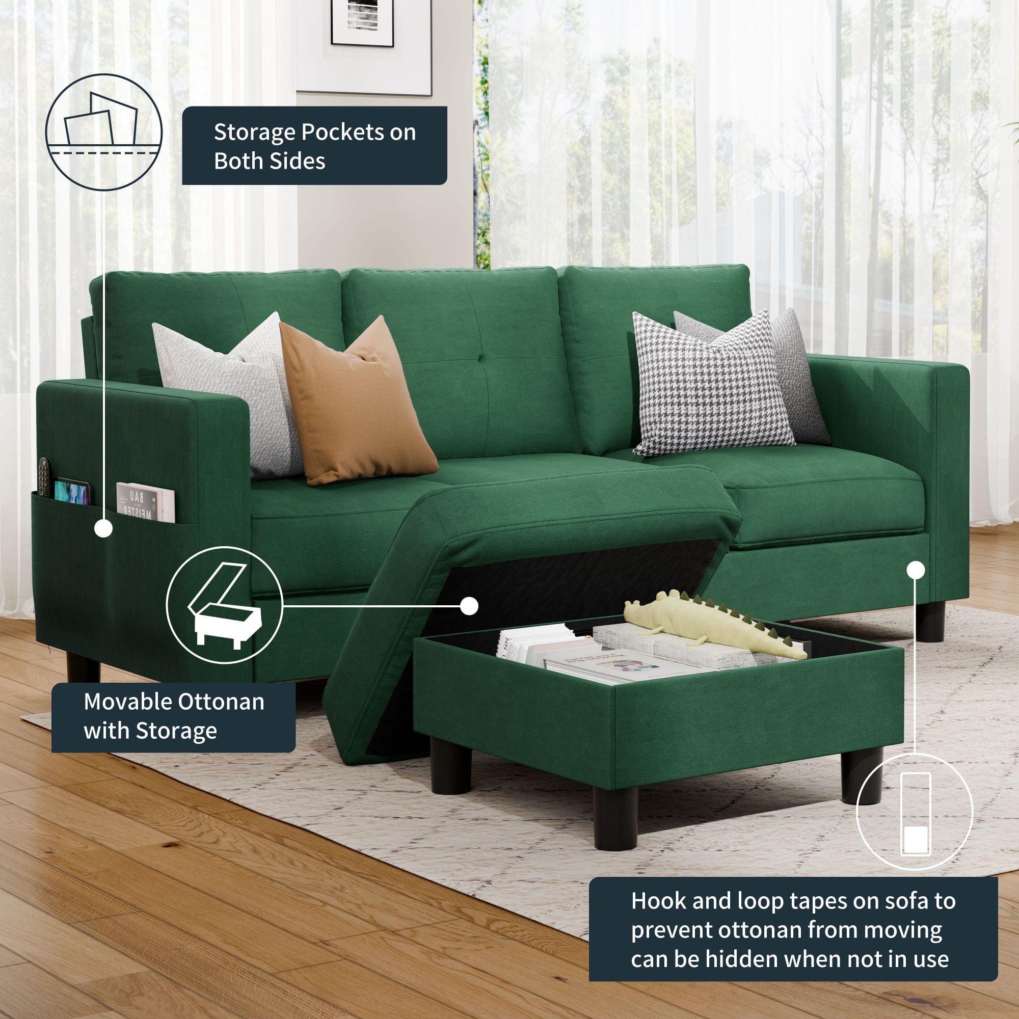 Walsunny Convertible Sectional Sofa Couch, Modern Linen Fabric L-Shaped Couch 3-Seat Sofa Sectional with Reversible Chaise for Small Living Room, Apartment and Small Space, Green