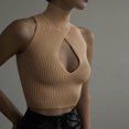 thumbnail image 4 of Camiseta sin mangas con cuello alto para mujer, Top corto sin mangas con estampado liso calado en el pecho para primavera, verano y otoño, color caqui M, 4 of 6