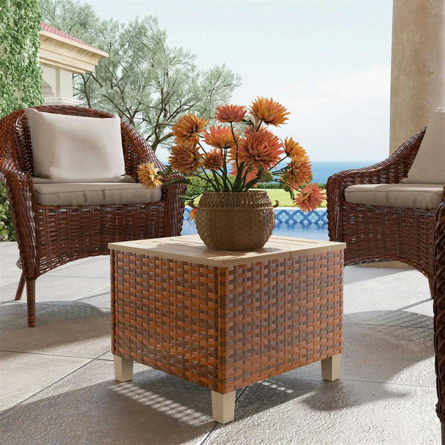 Demi Bonn 17" Outdoor Side Table with PE Rattan, Natural Fir Wood Top & Legs, Weatherproof End Table for Patio, Deck, Poolside, Brown