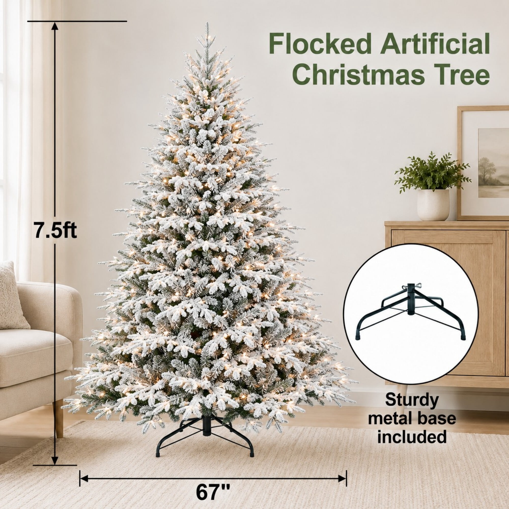 DEALTOPS 7.5ft Pre-Lit Flocked Artificial Christmas Tree, 650 Warm White Lights, 3135 Tips, Foldable Metal Stand