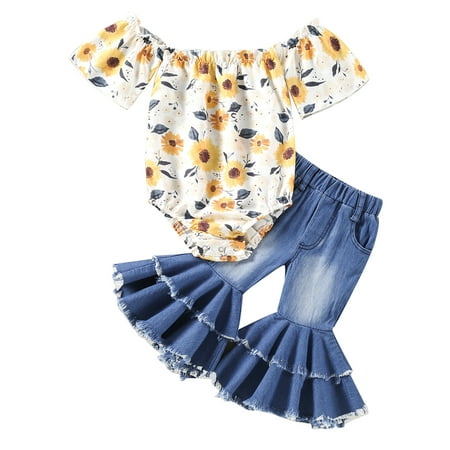 

Seyurigaoka 2 Pcs Infant Baby Girls Summer Outfits Daisy Floral Print Boat-Neck Off-Shoulder Short Sleeve Rompers + Flare Pants Set