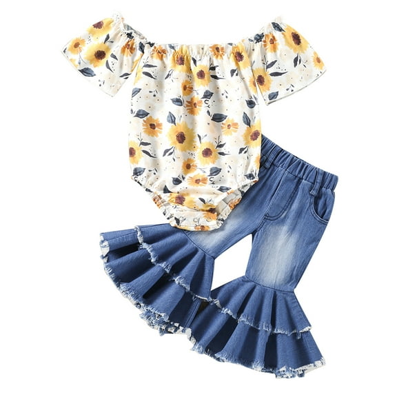 Bagilaanoe Infant Baby Girls 2 PCS Outfits 3 6 12 18 Months Floral Print Boat-Neck Off-Shoulder Short Sleeve Rompers Denim Flare Pants Set