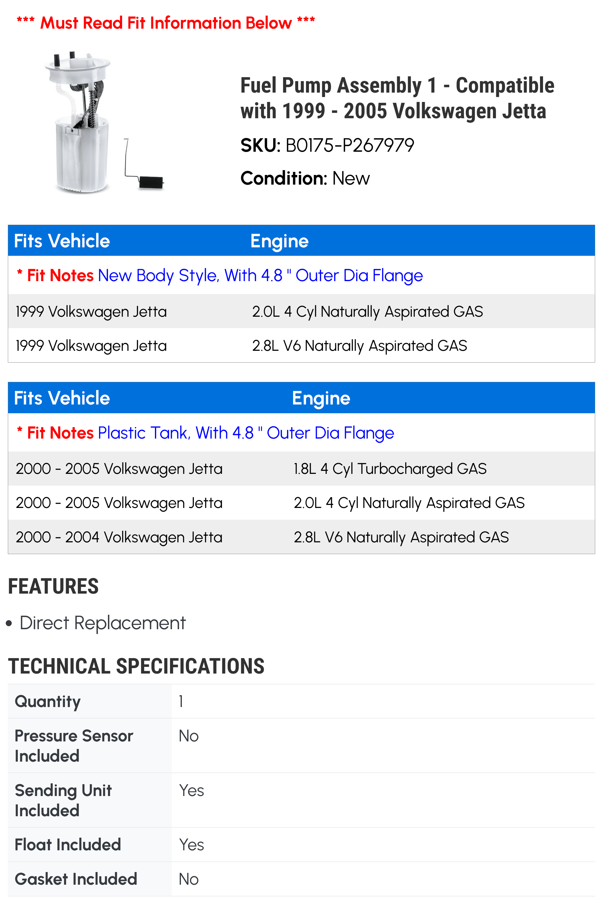 Fuel Pump Assembly 1 - Compatible with 1999 - 2005 Volkswagen Jetta - Autopart Premium