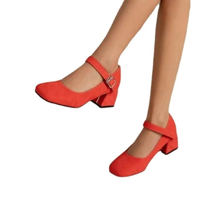 

SIMANLAN Women Mary Jane Buckle Dress Shoes Square Toe Heeled Sandals Womens Elegant Pumps Ladies Chunky Red 8