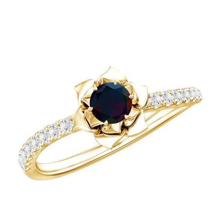 Rosec Jewels Black Opal Flower Engagement Ring - Natural Black Opal Diamond Ring - AAA Grade Certified - with Jewelry Box 10K Yellow Gold US 4.00
