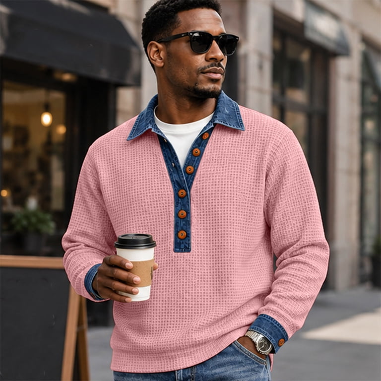 Features Men's Casual Waffle Pullover with Long Sleeves Button Front ...