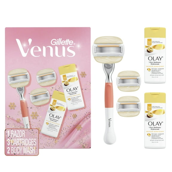 Venus Moistureglide Women's Razor, 1 Razor Handle, 3 Razor Blade Refills and two 3oz Olay Ultra Moisture Body Washes, Holiday Gifts for Women