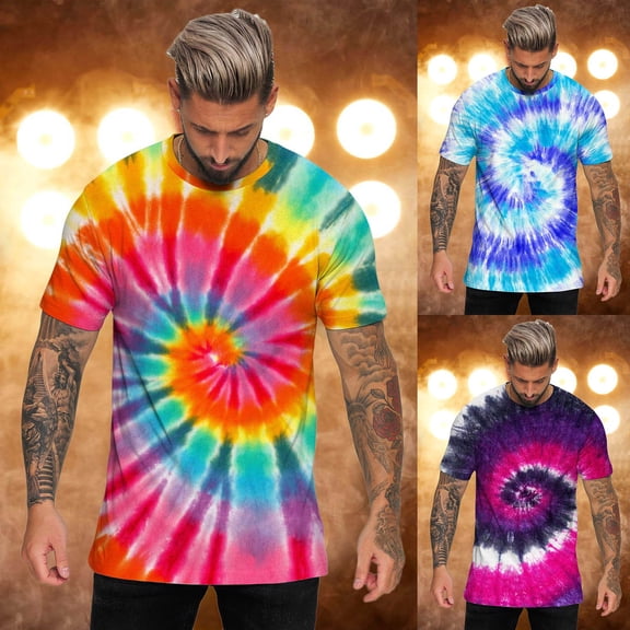 Hippie T Shirts for Men Tie Dye Tshirts Hippy Peace Tee Crewneck Short Sleeve Tops Regular Fit Blue XL