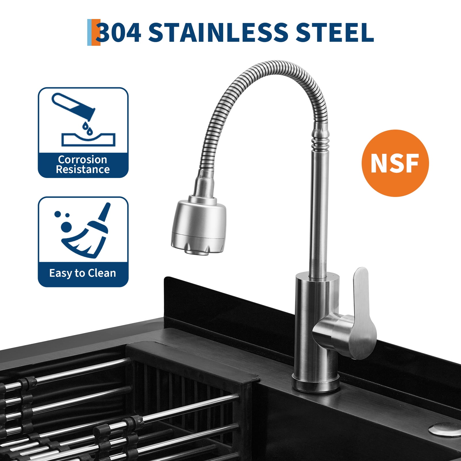 Amkui Stainless Utility Sink, Freestanding Outdoor Sink with Adjustable Legs, Storage Shelf,S-Hooks & Hot Cold Water Pipes, Kitchen Single Stainless Sinks for Laundry, Garage