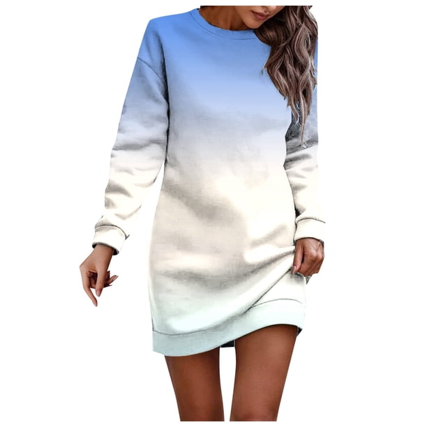 Vestido informal de manga larga para mujer: vestido liso de otoño/invierno con cuello redondo y estampado navideño opcional.
