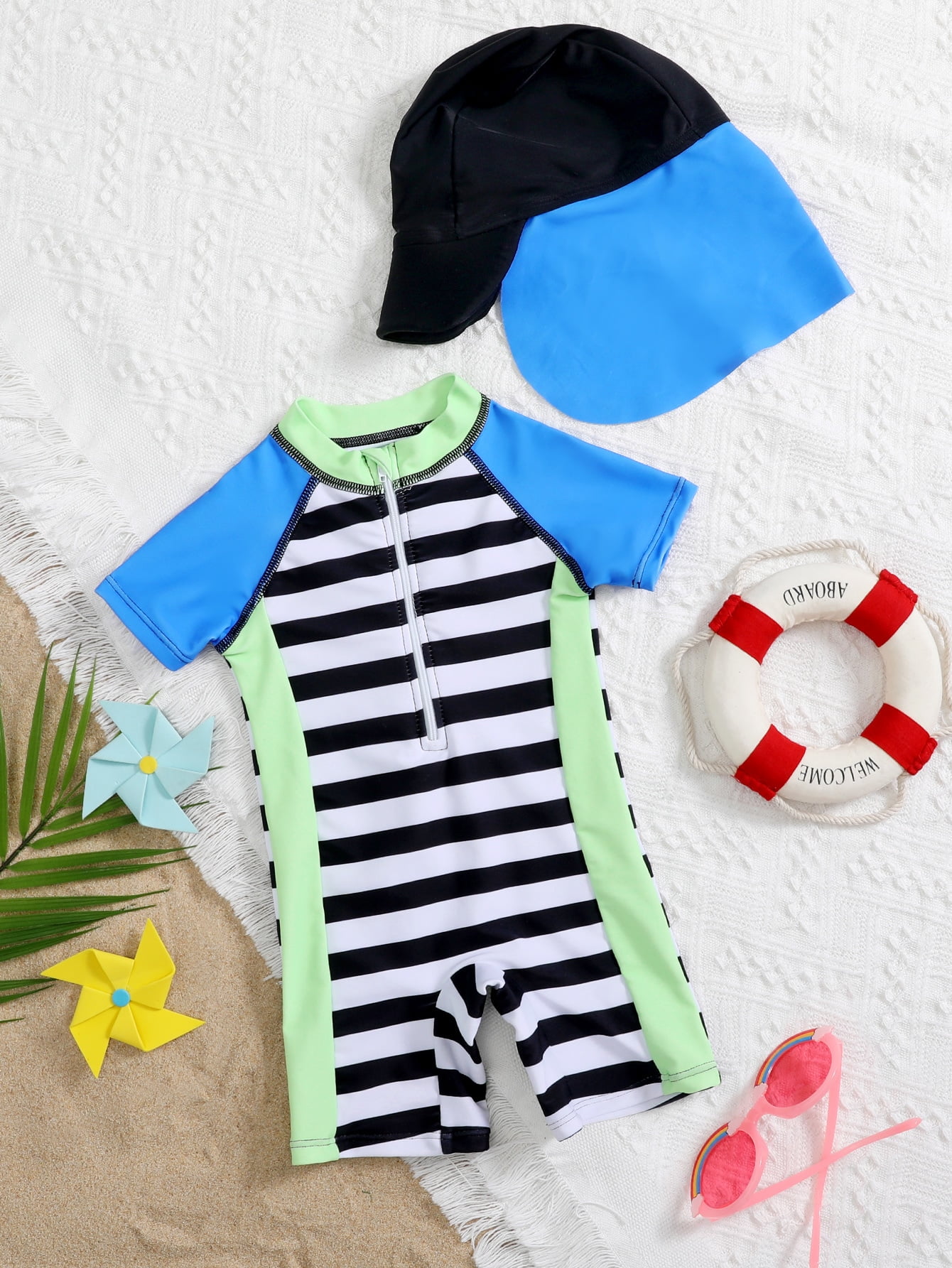 Baby Boy Striped Zip Front One Piece Swimsuit With Swim Cap 80 Multicolor Boho F042d Walmart Com