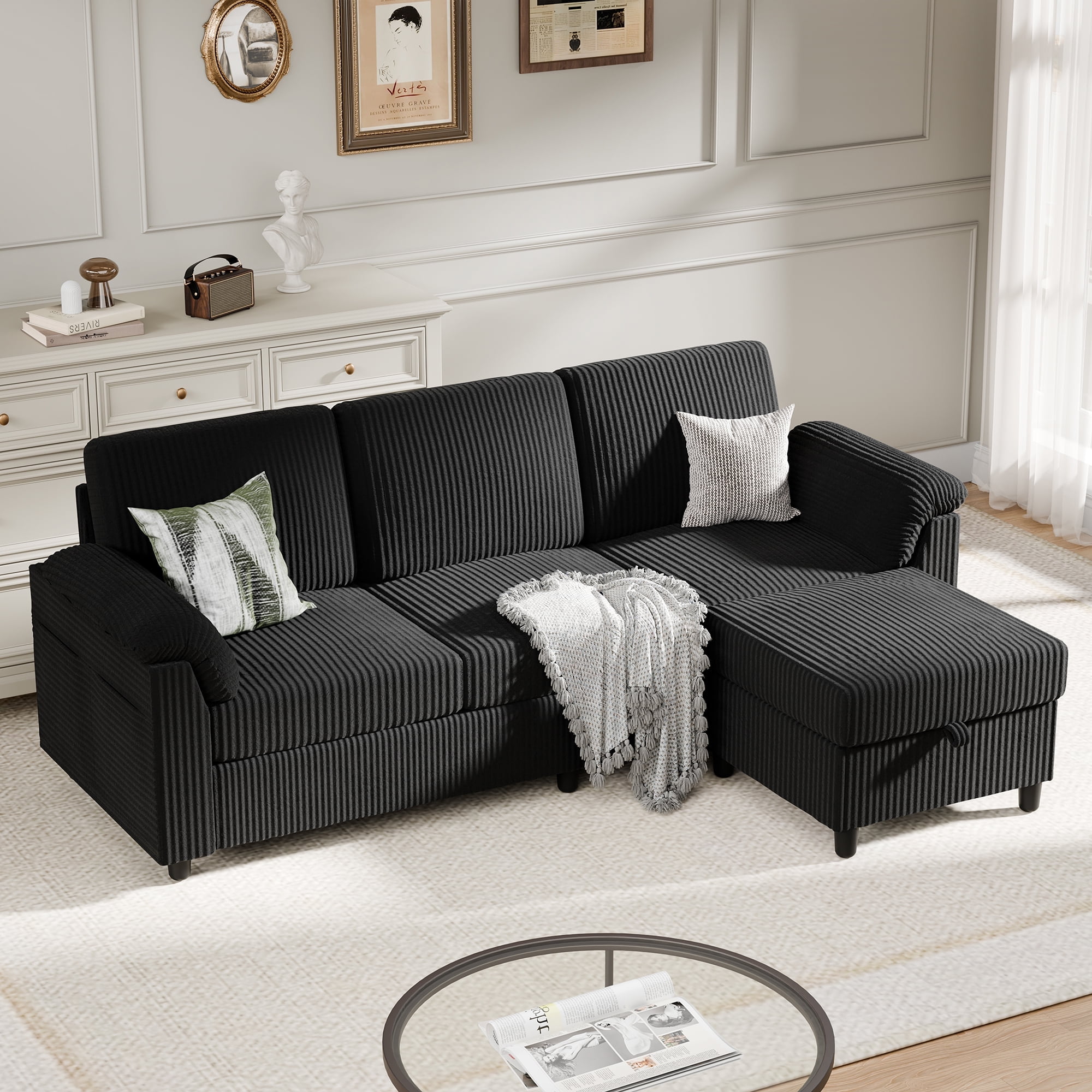 Walsunny 69" Convertible Sectional Sofa Couch with Storage Ottoman,L Shaped Sofa with Removable Pillows & Linen Fabric, Modern 3-Seat Couch with Reversible Storage Chaise,Black