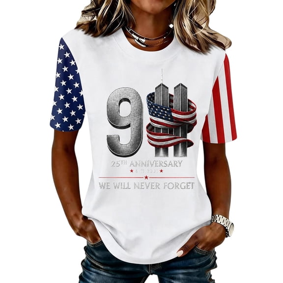 Domzest 9/11 25th Anniversary Shirt for Women Never Forget Patriotic T-Shirt Short Sleeve Crew Neck USA Flag Graphic Tee White XL