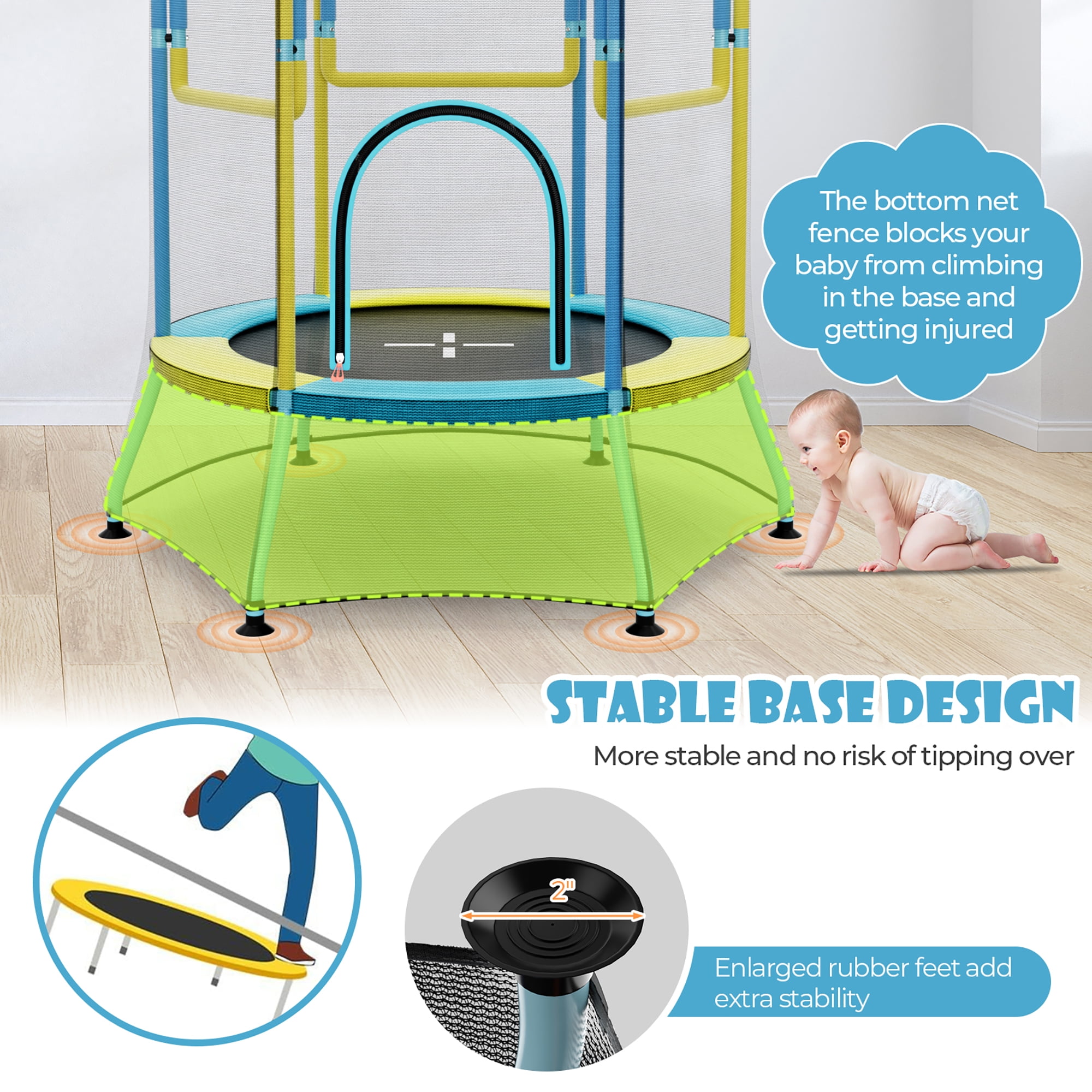 Gymax Kids Mini Trampoline w/ 59'' Higher Enclosure Net Seamless Jumping Mat Zipper Door Yellow & Blue