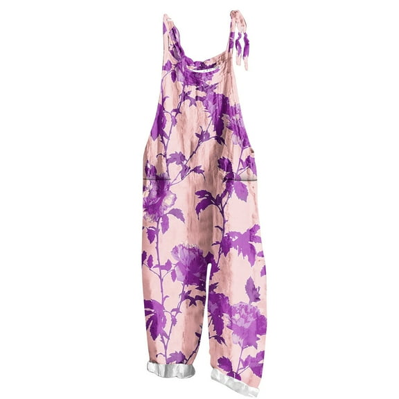 Hvot&aat Womens Boho Floral Jumpsuits Sleeveless Two-pocket Casual Bib Jumpsuit Plus Size Adjustable Rompers Pants