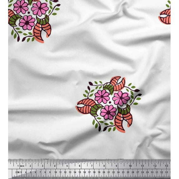 Soimoi Japan Crepe Satin Fabric Leaves & Floral Block Print Fabric by The Yard 42 Inch Wide