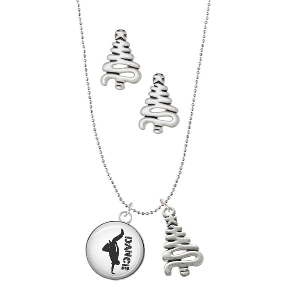 Delight Jewelry Silvertone Domed Hip Hop Handstand Dance Silver tone Zig Zag Christmas Tree Charm Necklace and Stud Earrings