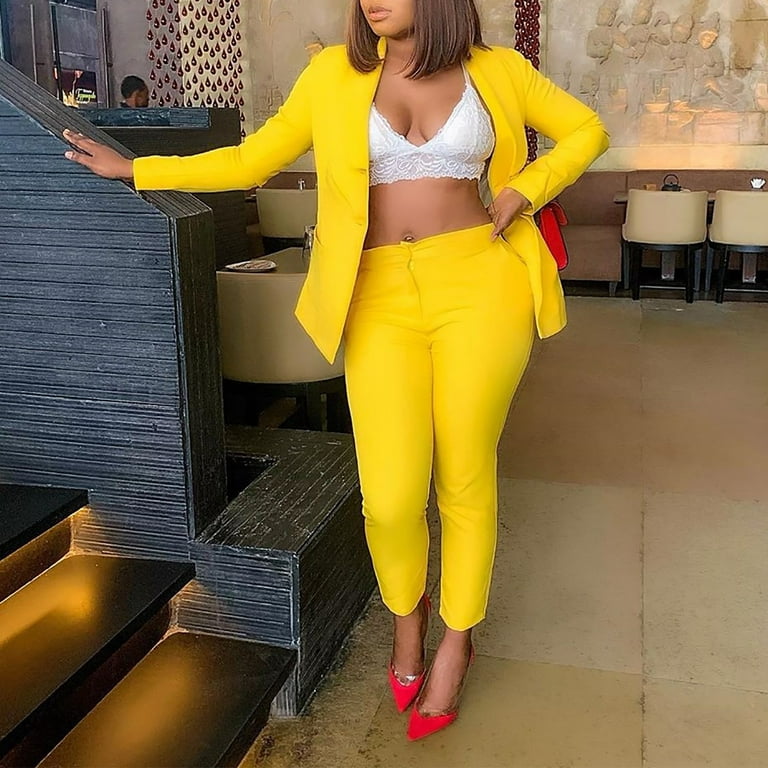 YWDJ 2 Piece Outfits for Women Dressy Ladies Fashion Casual Slim Solid  Color Suit Suit Office Two-piece Suit Yellow M 