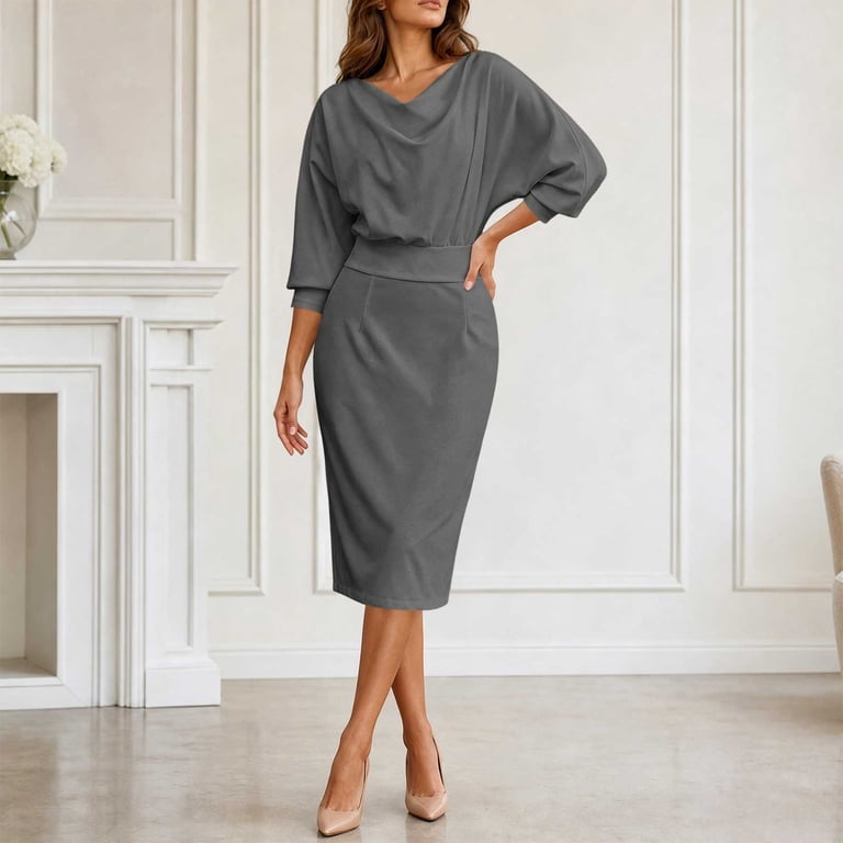 cowl neck dress winter Lnmiateer Women Bodycon Midi Batwing Sleeve WaistCinching Elegant Fall Office Cocktail Party Outfit, Women's, Size: Large, Gray Black Backless Formal Dress no-returns:2025-03-09_2027-10-07 Color:Stormy A Cowl Neck Midi