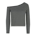 thumbnail image 5 of DAFPZW Women One Shoulder Top Striped Long Sleeve Shirts Tight Fitted Going Out Dressy Tops Tees Y2k Outfits, 5 of 6