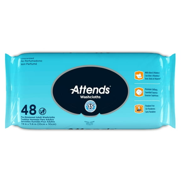 Attends Washcloths Unscented, 8.7" x 12.6" - 12 packs of 48