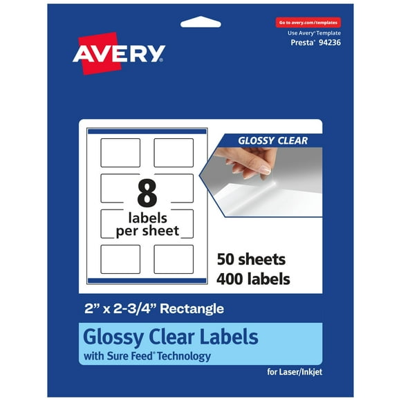 Avery Glossy Clear Rectangle Labels with Sure Feed, 2" x 2.75", 400 Glossy Clear Labels, Print-to-The-Edge, Laser/Inkjet Printable Labels