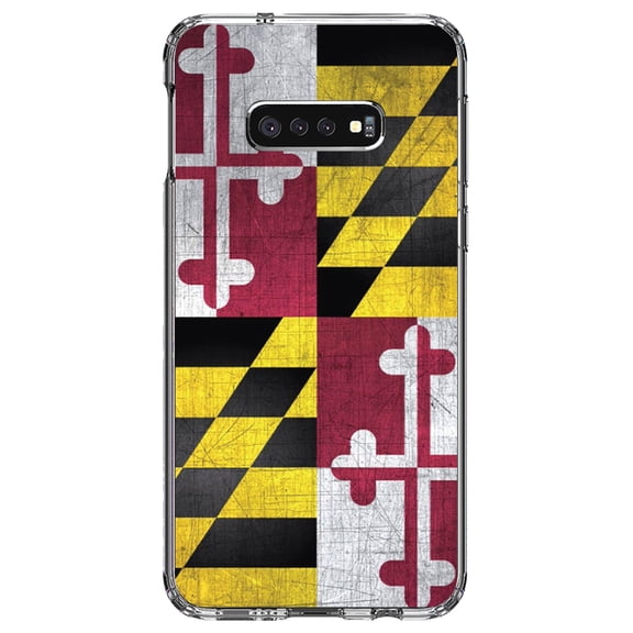DistinctInk Clear Shockproof Hybrid Case for Samsung Galaxy S10e (5.8" Screen) - TPU Bumper, Acrylic Back, Tempered Glass Screen Protector - Old Weather Maryland Flag - Maryland