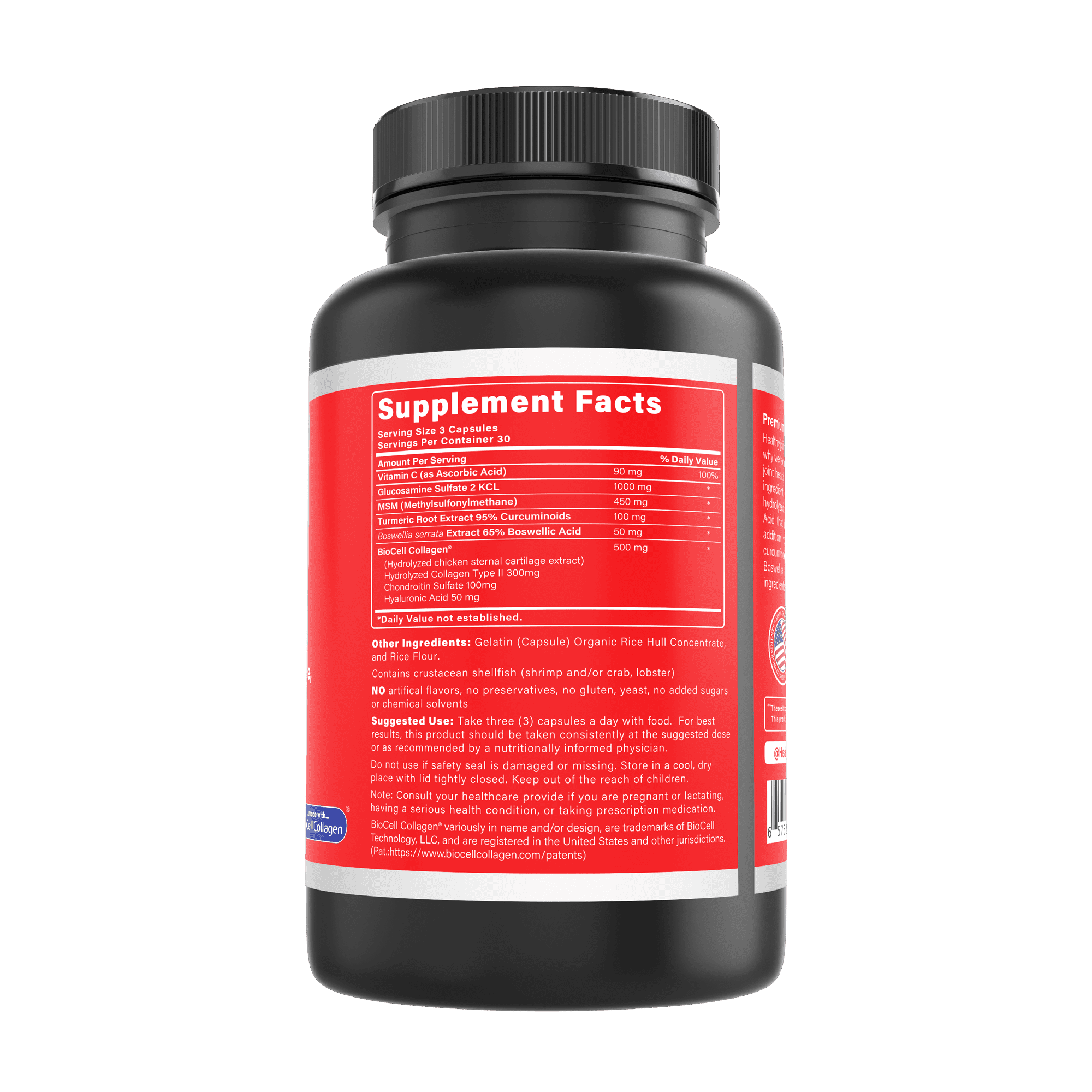 Health Logics Healthy Joints | Joint Supplement with BioCell Collagen, Glucosamine, MSM, Vitamin C, Turmeric Extract 95% Curcuminoids, Boswellia Serrata | Support Joint Comfort | Non-GMO | 90 Capsules