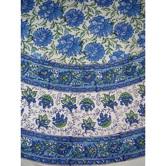Lotus Flower Block Print Floral Round Cotton Tablecloth 72" Blue