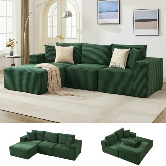 Gaderth 109 Inch Modular Sectional Sofa, Frameless L Shaped Deep Seat Corduroy Couch, No Assembly Compressed Package Convertible Floor Sofa for Living Room, Bedroom, Apartment