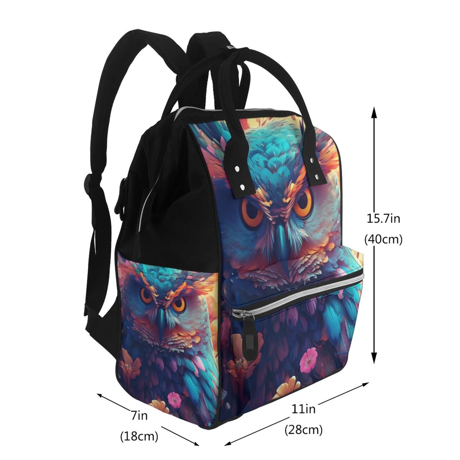 Fuzoiu Colorful Feather Owl Print Diaper Bag Backpack,Baby Essentials Travel Tote,Multi function Waterproof Diaper Bag, Travel Essentials Baby Bag - Unisex
