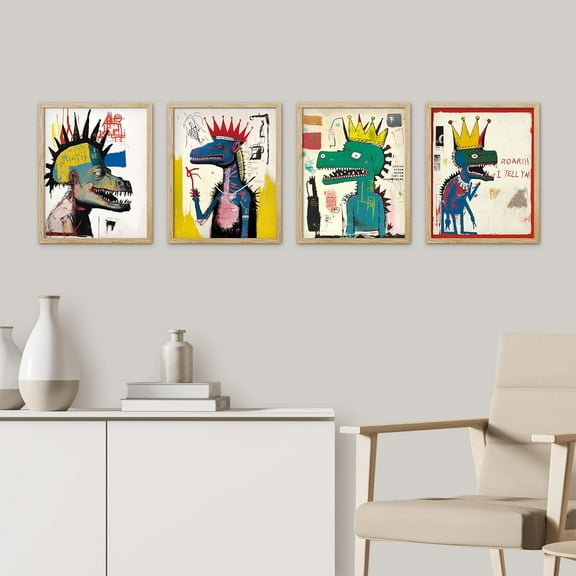 PixonSign Framed Wall Art, Vintage Retro Antique Basquiat Dinosaur Print, Set of 4 Illustration Wall Decor Prints, Multicolor Contemporary Wall Décor, for Living Room, Bedroom - 8"x10" Natural