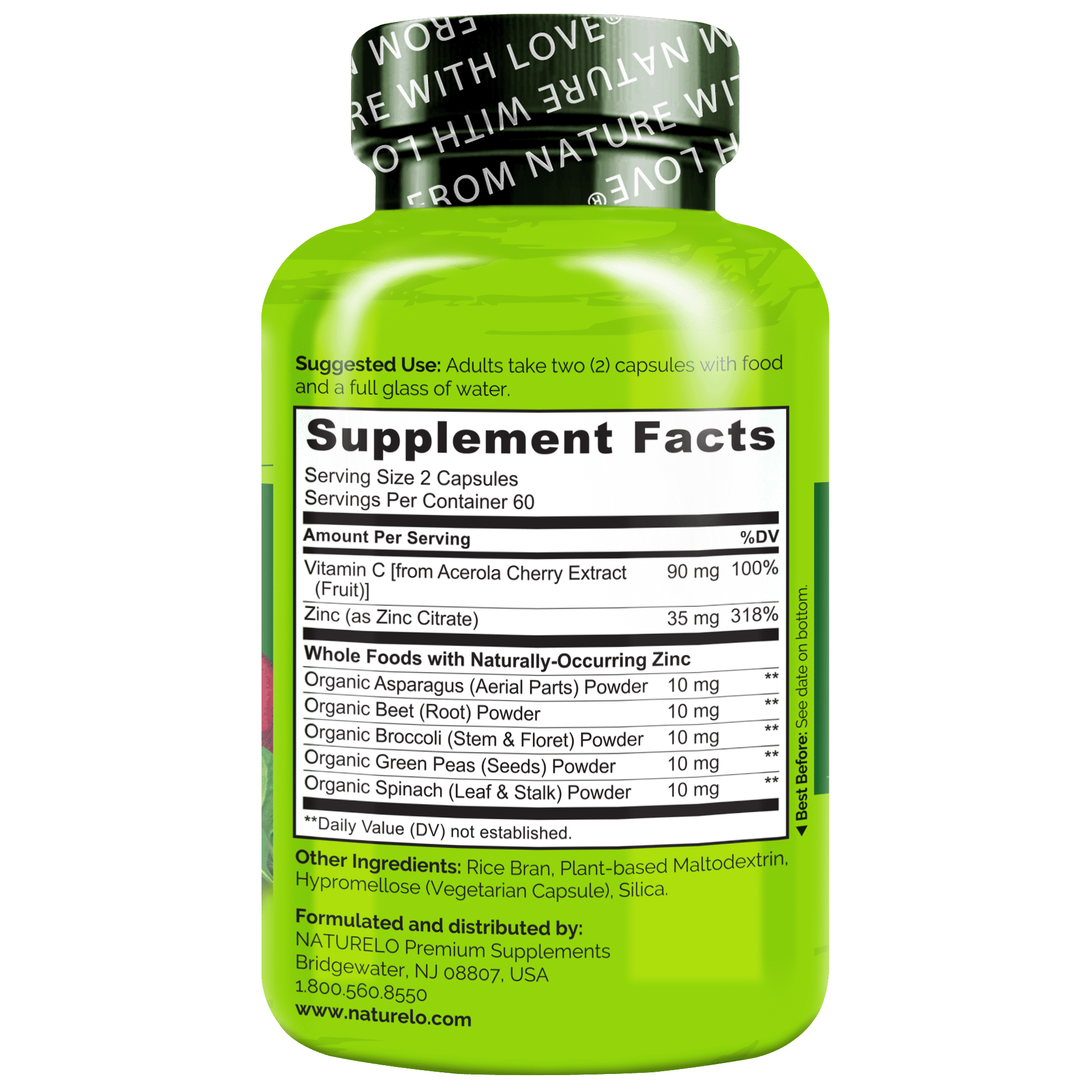 NATURELO Vegan Zinc Immune Support Capsules - Whole Food Complex with Vitamin C for Healthy Skin, Hair, and Nails - 120 Capsules