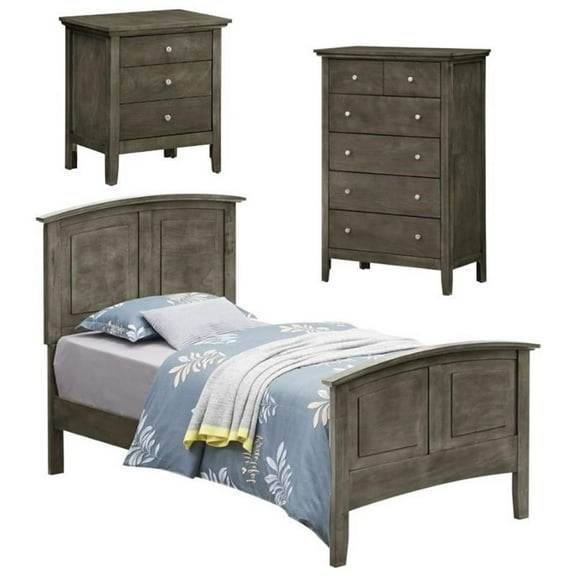 Home Square 3-Piece Set with Twin Bed 5-Drawer Chest and Nightstand in Gray