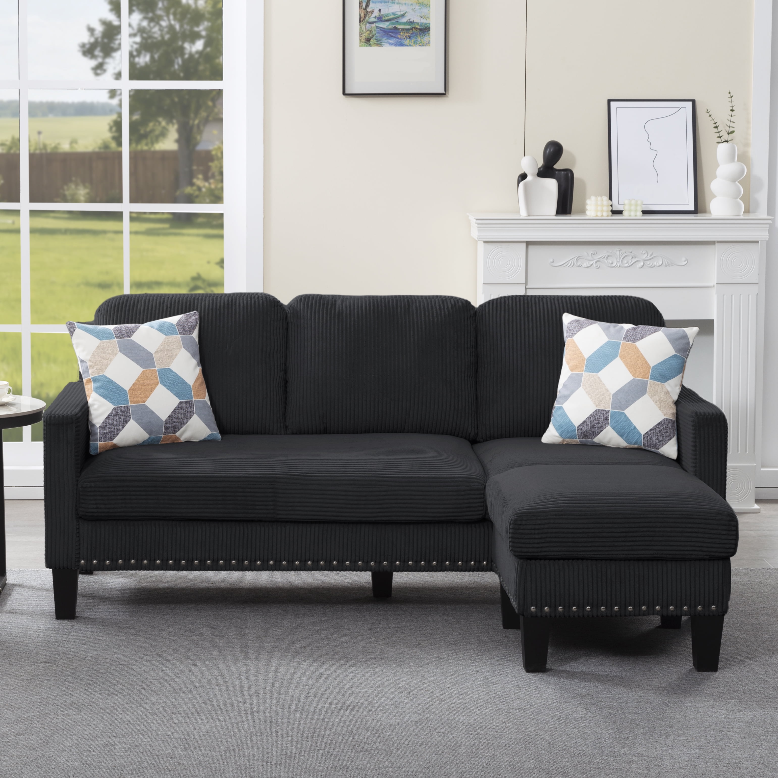 Gewnee 72.64"L-Shaped Sectional Sofa with Movable Ottoman,3-Seater Modern Reversible Chaise,Storage Pocket&Pillows,for Living Room,Office.Black