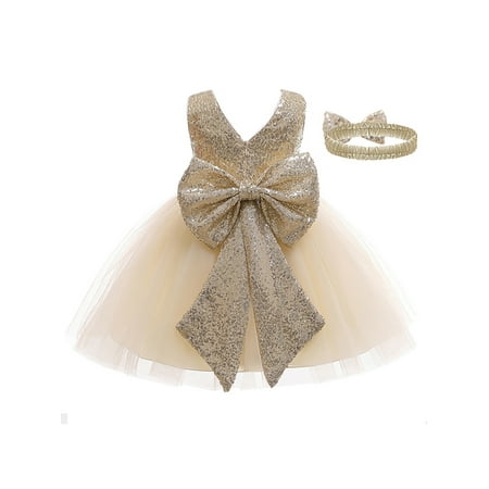 

Baby Toddler Girls Elegant Princess Dress Sets Sleeveless Sequin Bowknot Layer Mesh Tulle Gown Dresses with Headband