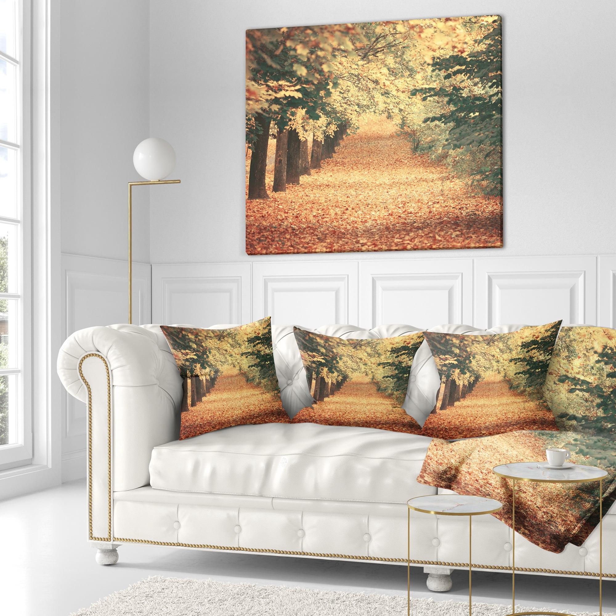 Designart Autumn Forest with Walking Path - Modern Forest Throw Pillow - 16x16