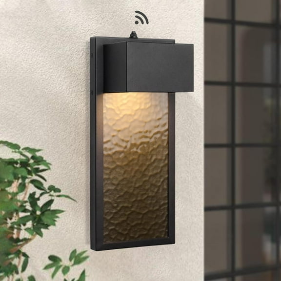 LamQee Modern LED Outdoor Wall Lights Sconces Dusk to Dawn Outdoor Light Fixture, Black LED Exterior Lighting Fixtures Wall Mount with Amber Water Glass for House Porch Patio, 3000K 10W 800LM