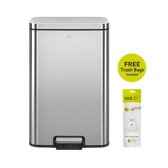 EKO Maxwell Kitchen Trash Can, 13.2 Gallon Brushed Stainless Steel Step Garbage Bin with Soft Close Lid, Silver with Sample Trash Bags Included