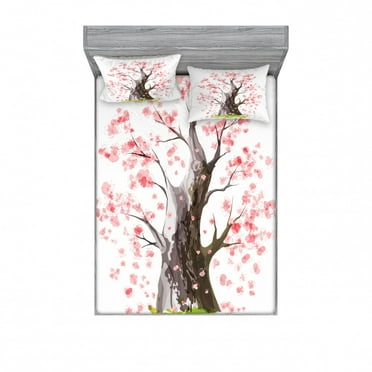 Nature Bedding Set with Sheet & Covers, Big Sakura Tree in Full Blossom Seasonal Far Eastern Nature Artwork, Printed Bedroom Decor 2 Shams, 4 Sizes, Pink Black Green, by Ambesonne