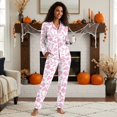 thumbnail image 3 of Yuyamidu Fall Winter Button Down Pajamas Set 2 Pieces Pink Bow Cow Print Nightclothes Women V Neck PJ Loungewear Casual Home Life Clothing Size S, 3 of 9